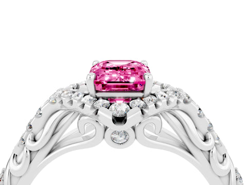 White gold Emerald Cut Pink Sapphire Solitaire Ring with Hidden Halo and Pavé Band_40