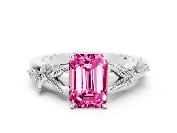 Platinum Emerald Cut Pink Sapphire Solitaire Ring with Leaf Motif Band and Four-Prong Setting