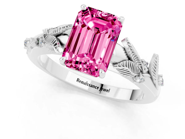 White gold Emerald Cut Pink Sapphire Solitaire Ring with Leaf Motif Band and Four-Prong Setting