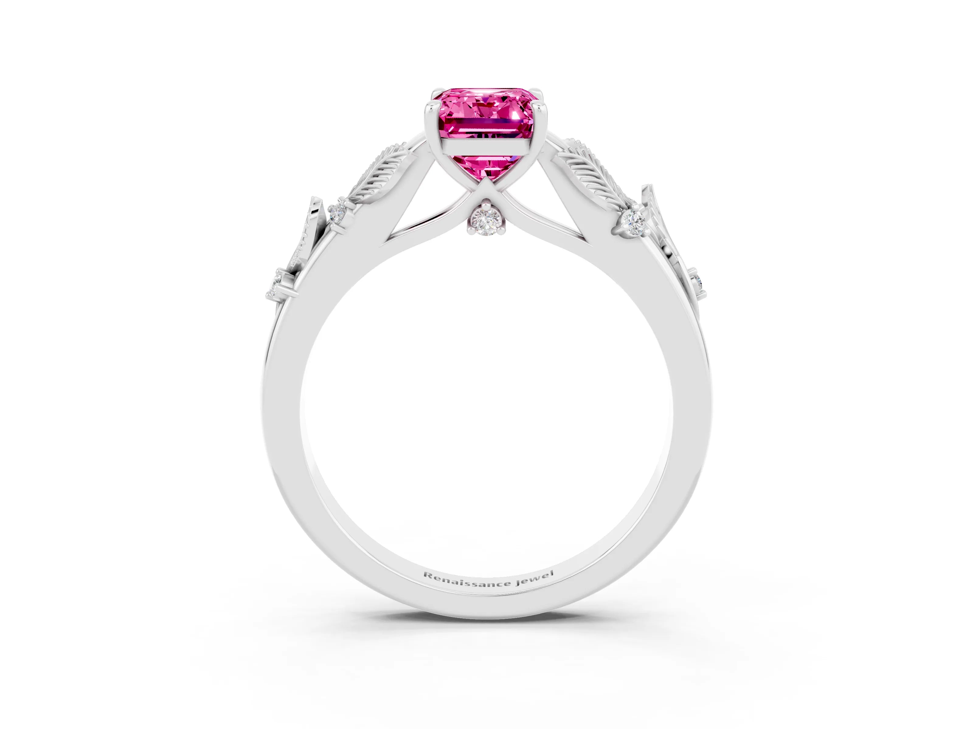 White gold Emerald Cut Pink Sapphire Solitaire Ring with Leaf Motif Band and Four-Prong Setting_15