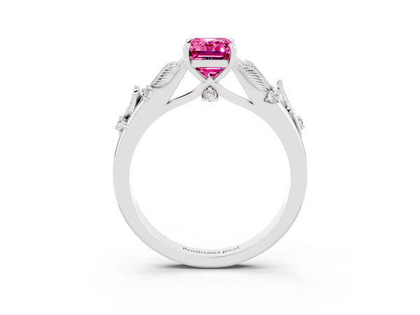 White gold Emerald Cut Pink Sapphire Solitaire Ring with Leaf Motif Band and Four-Prong Setting