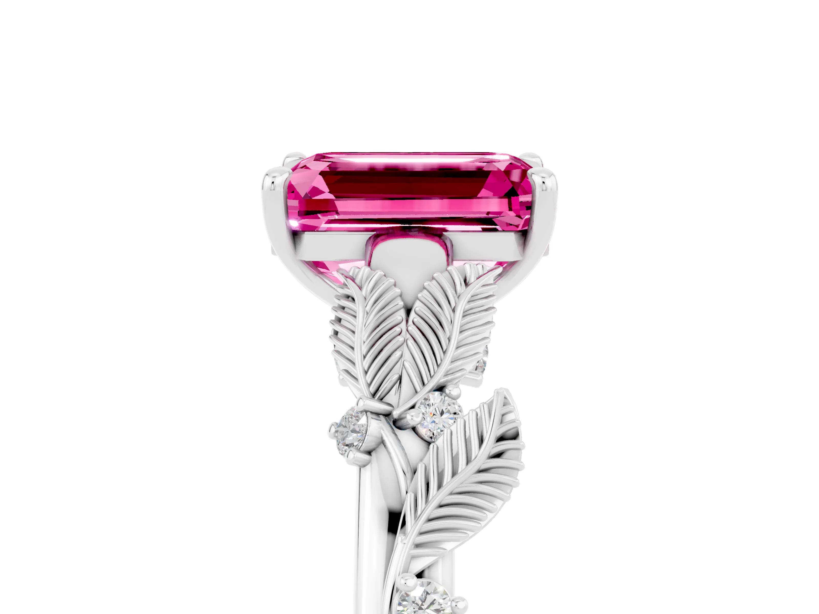White gold Emerald Cut Pink Sapphire Solitaire Ring with Leaf Motif Band and Four-Prong Setting_17