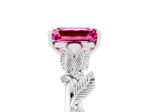 White gold Emerald Cut Pink Sapphire Solitaire Ring with Leaf Motif Band and Four-Prong Setting_17