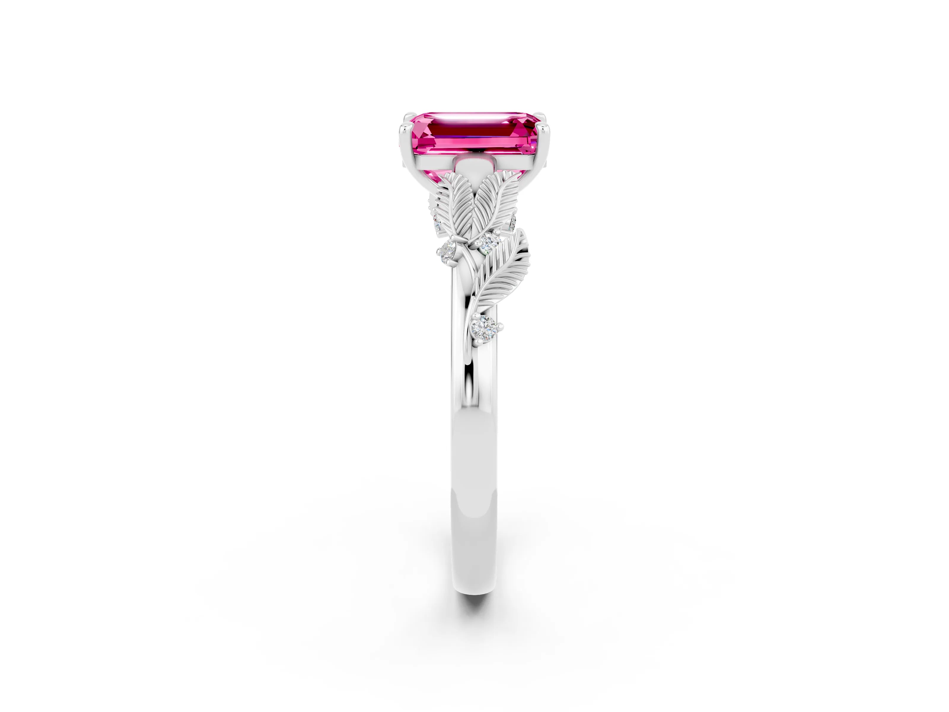 White gold Emerald Cut Pink Sapphire Solitaire Ring with Leaf Motif Band and Four-Prong Setting_2