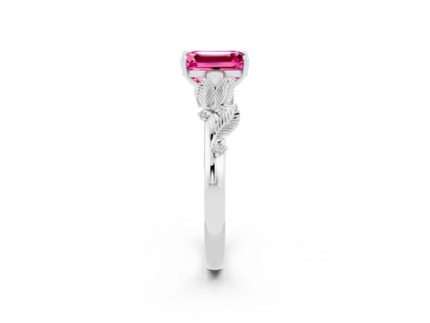 White gold Emerald Cut Pink Sapphire Solitaire Ring with Leaf Motif Band and Four-Prong Setting_2