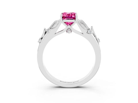 White gold Emerald Cut Pink Sapphire Solitaire Ring with Leaf Motif Band and Four-Prong Setting_3