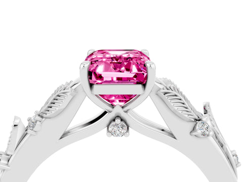 White gold Emerald Cut Pink Sapphire Solitaire Ring with Leaf Motif Band and Four-Prong Setting_4