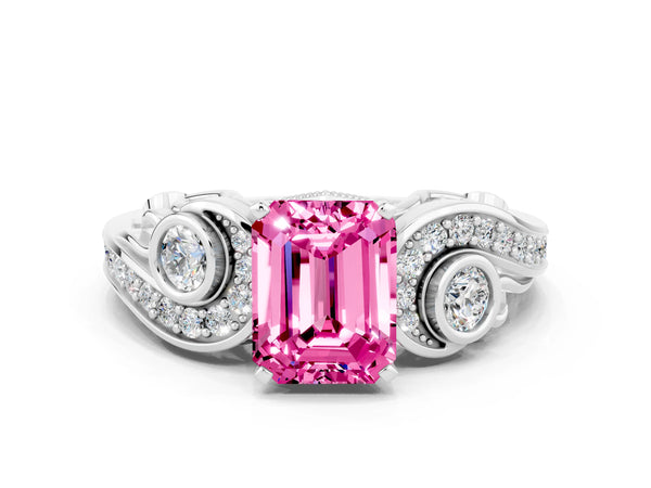 Platinum Emerald Cut Pink Sapphire Solitaire Ring with Milgrain Pavé Band and Four-Prong Setting