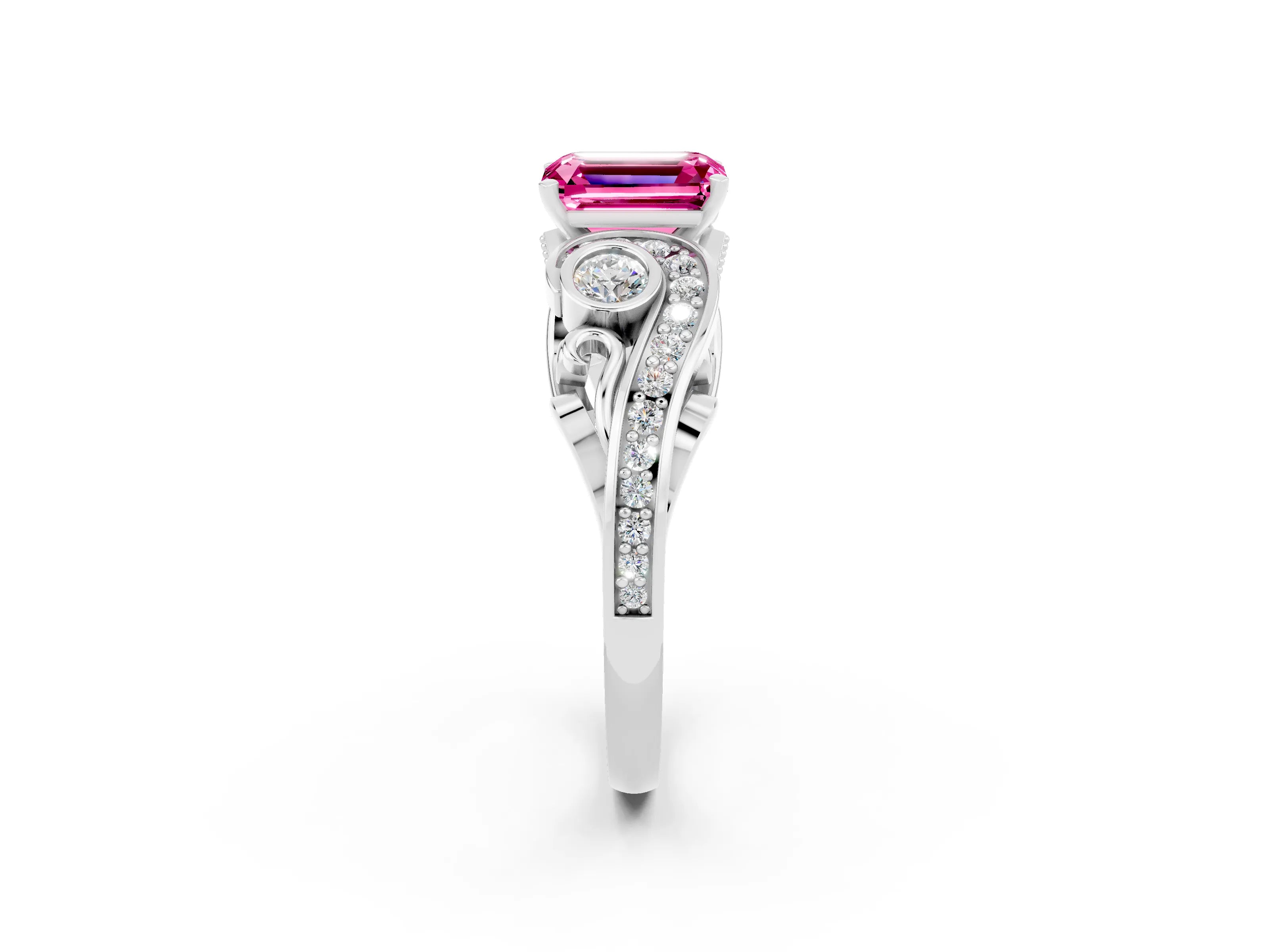 White gold Emerald Cut Pink Sapphire Solitaire Ring with Milgrain Pavé Band and Four-Prong Setting_14
