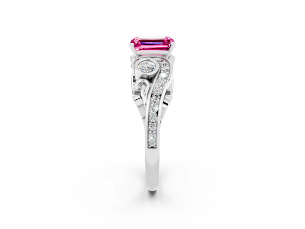 Silver Emerald Cut Pink Sapphire Solitaire Ring with Milgrain Pavé Band and Four-Prong Setting