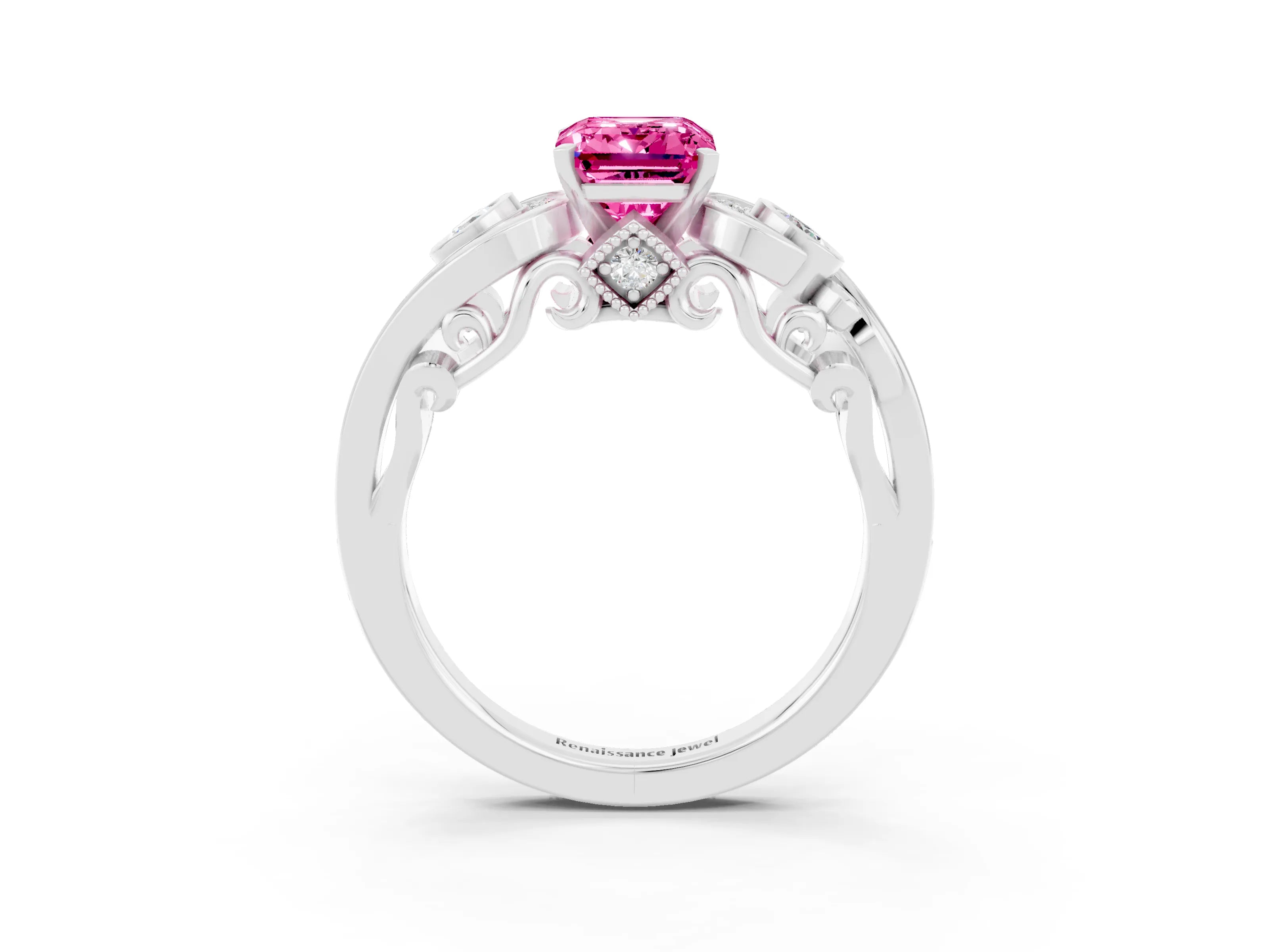 White gold Emerald Cut Pink Sapphire Solitaire Ring with Milgrain Pavé Band and Four-Prong Setting_15