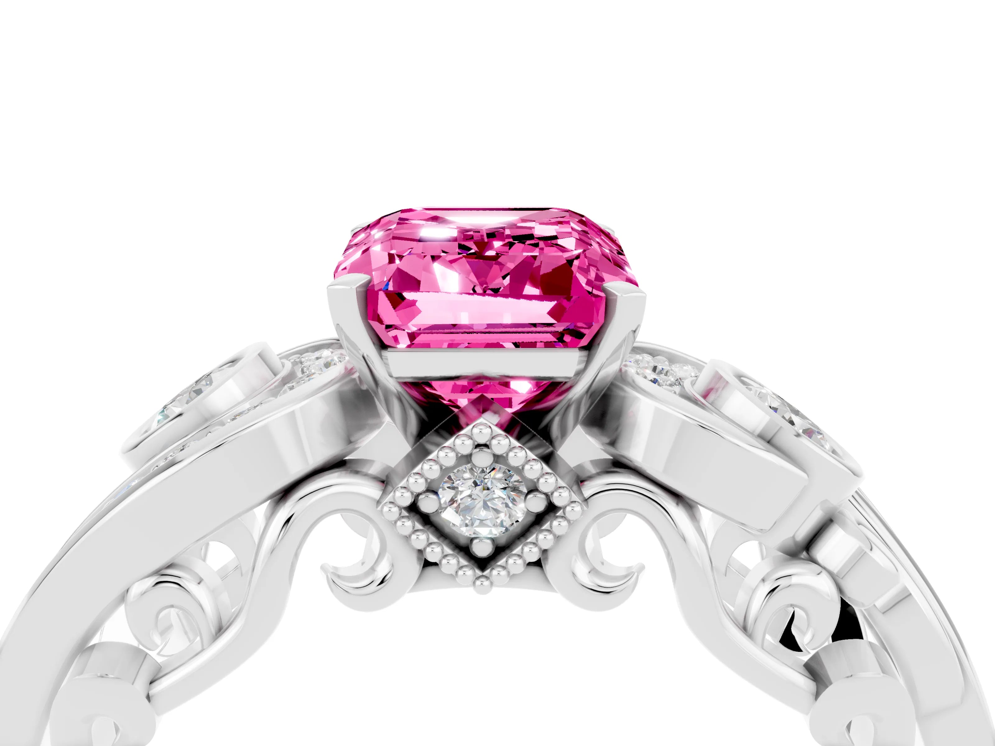 White gold Emerald Cut Pink Sapphire Solitaire Ring with Milgrain Pavé Band and Four-Prong Setting_16