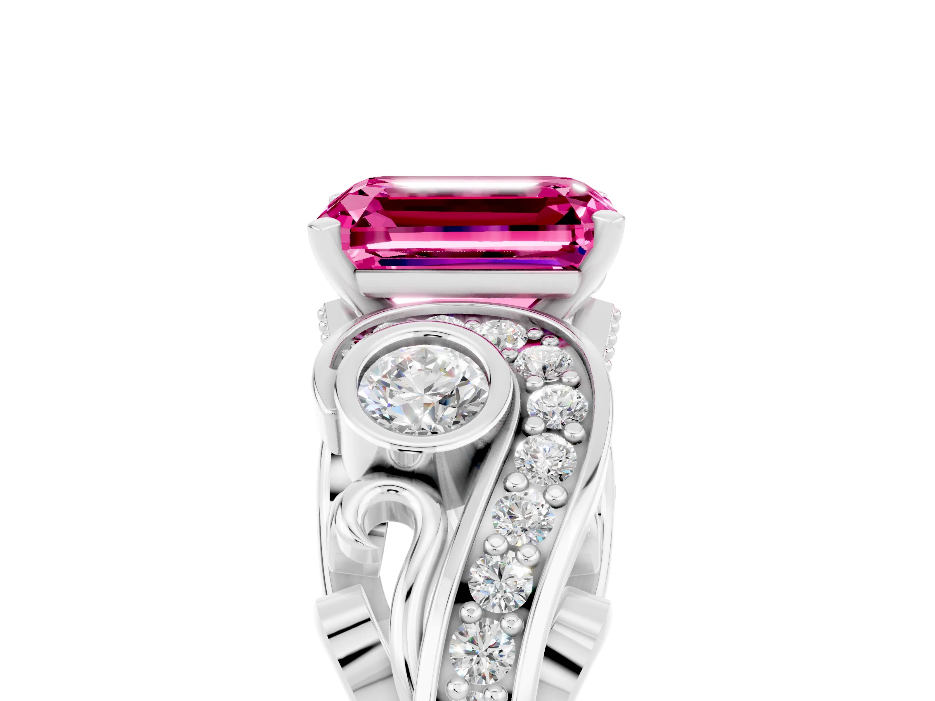 White gold Emerald Cut Pink Sapphire Solitaire Ring with Milgrain Pavé Band and Four-Prong Setting_17