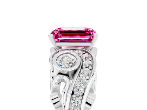 White gold Emerald Cut Pink Sapphire Solitaire Ring with Milgrain Pavé Band and Four-Prong Setting_17