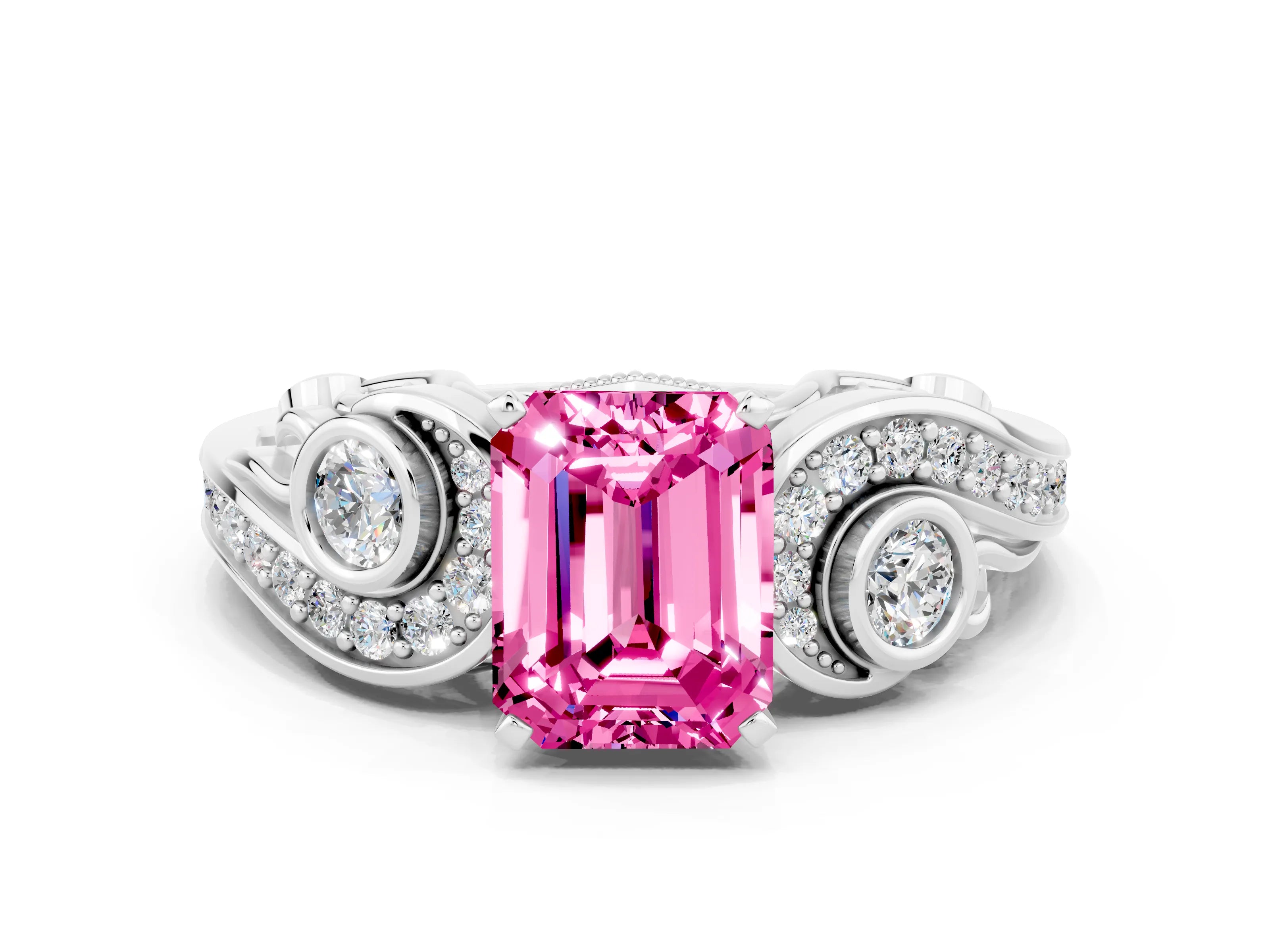 White gold Emerald Cut Pink Sapphire Solitaire Ring with Milgrain Pavé Band and Four-Prong Setting_48