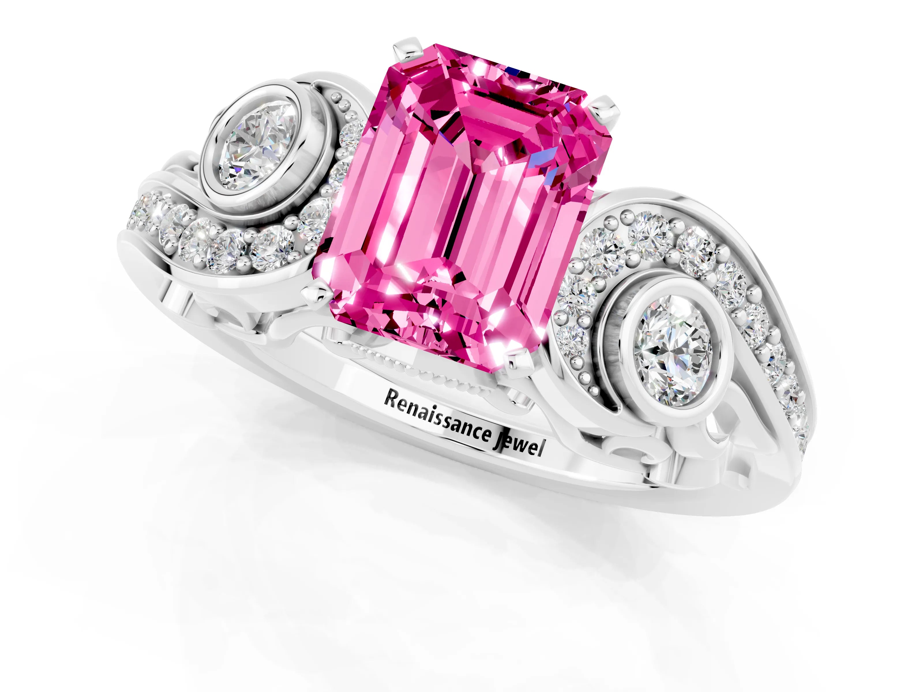 White gold Emerald Cut Pink Sapphire Solitaire Ring with Milgrain Pavé Band and Four-Prong Setting_49