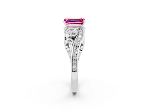 White gold Emerald Cut Pink Sapphire Solitaire Ring with Milgrain Pavé Band and Four-Prong Setting_50