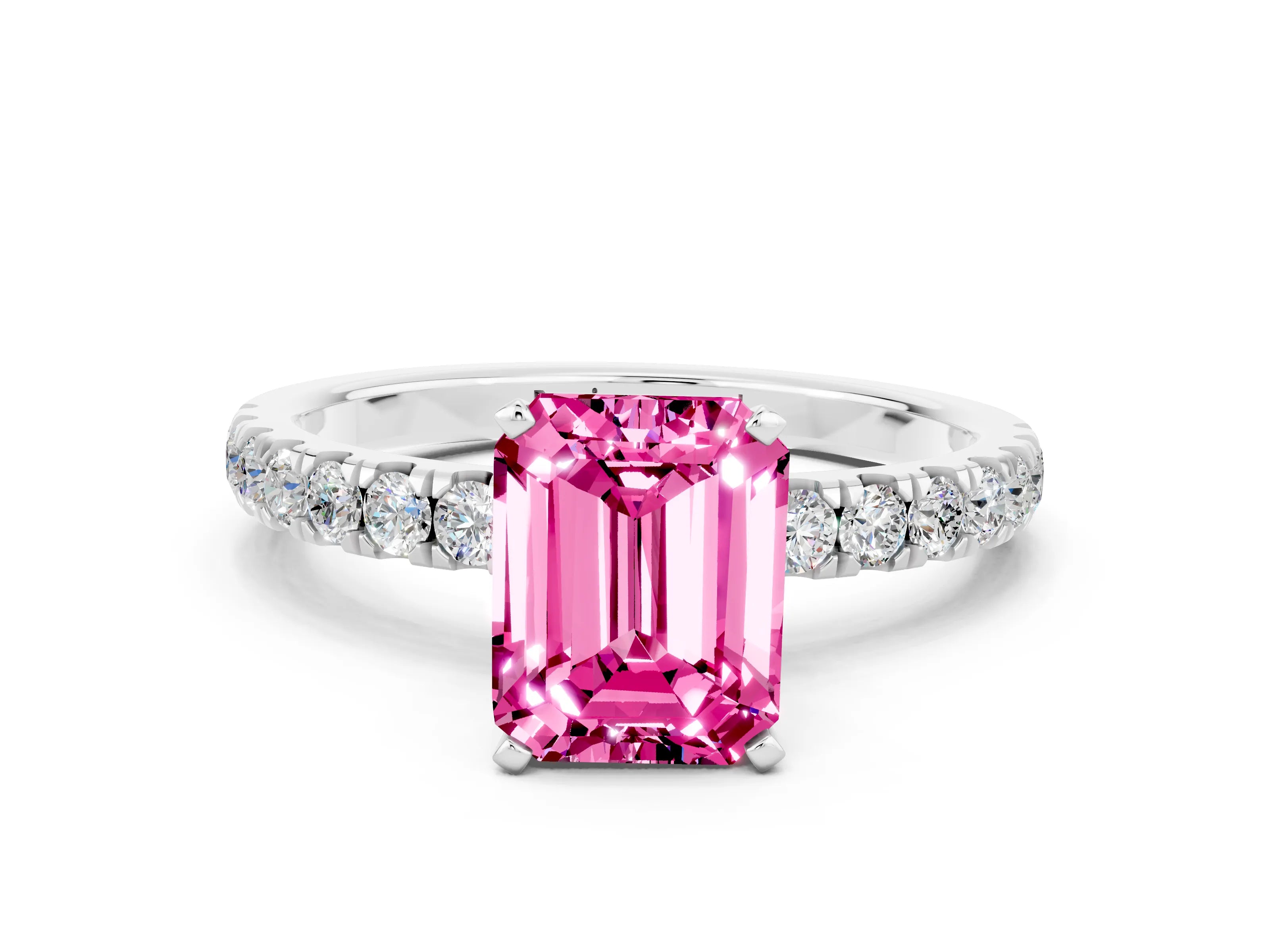 White gold Emerald Cut Pink Sapphire Solitaire Ring with Pavé Accents and Four-Prong Setting_24