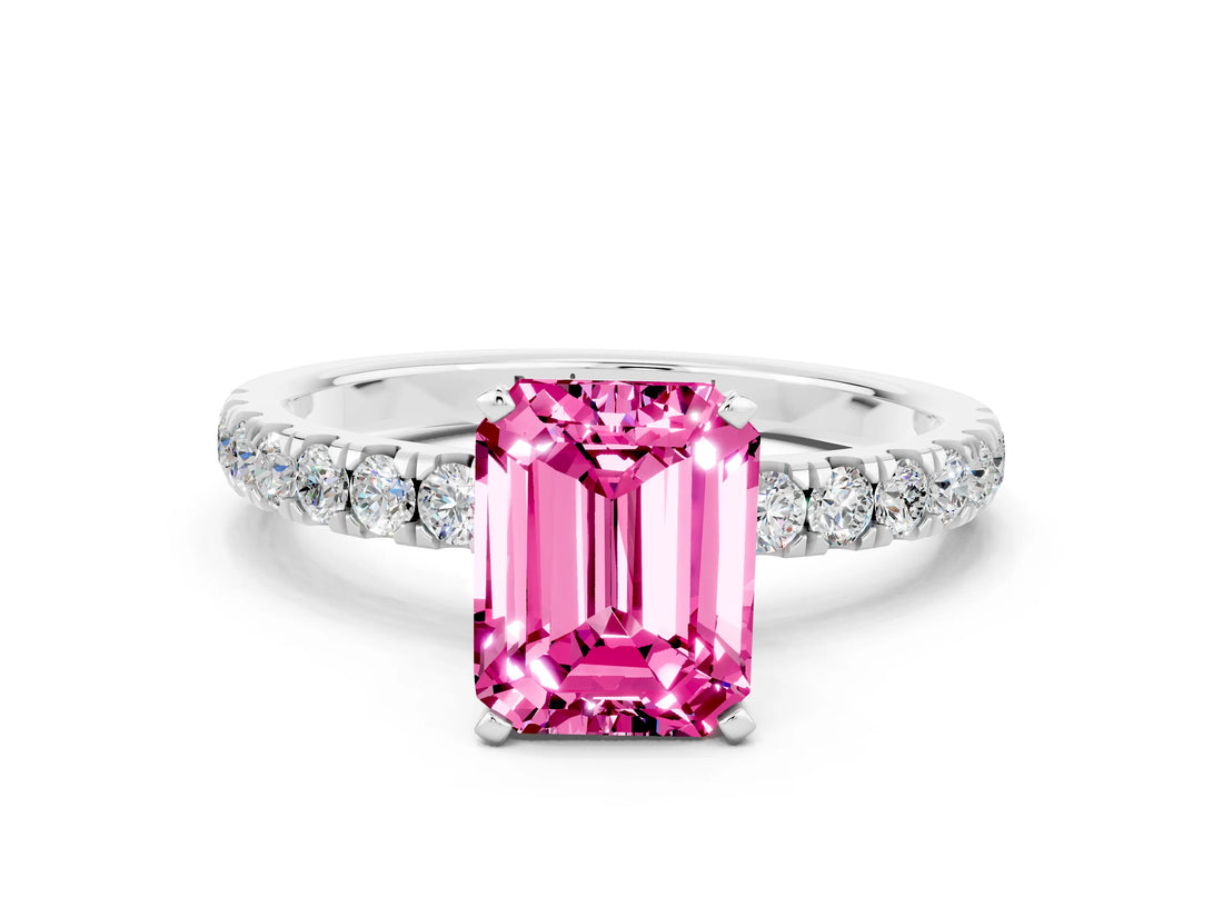 White gold Emerald Cut Pink Sapphire Solitaire Ring with Pavé Accents and Four-Prong Setting_24