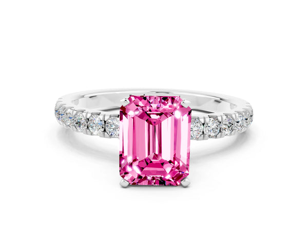 Silver Emerald Cut Pink Sapphire Solitaire Ring with Pavé Accents and Four-Prong Setting