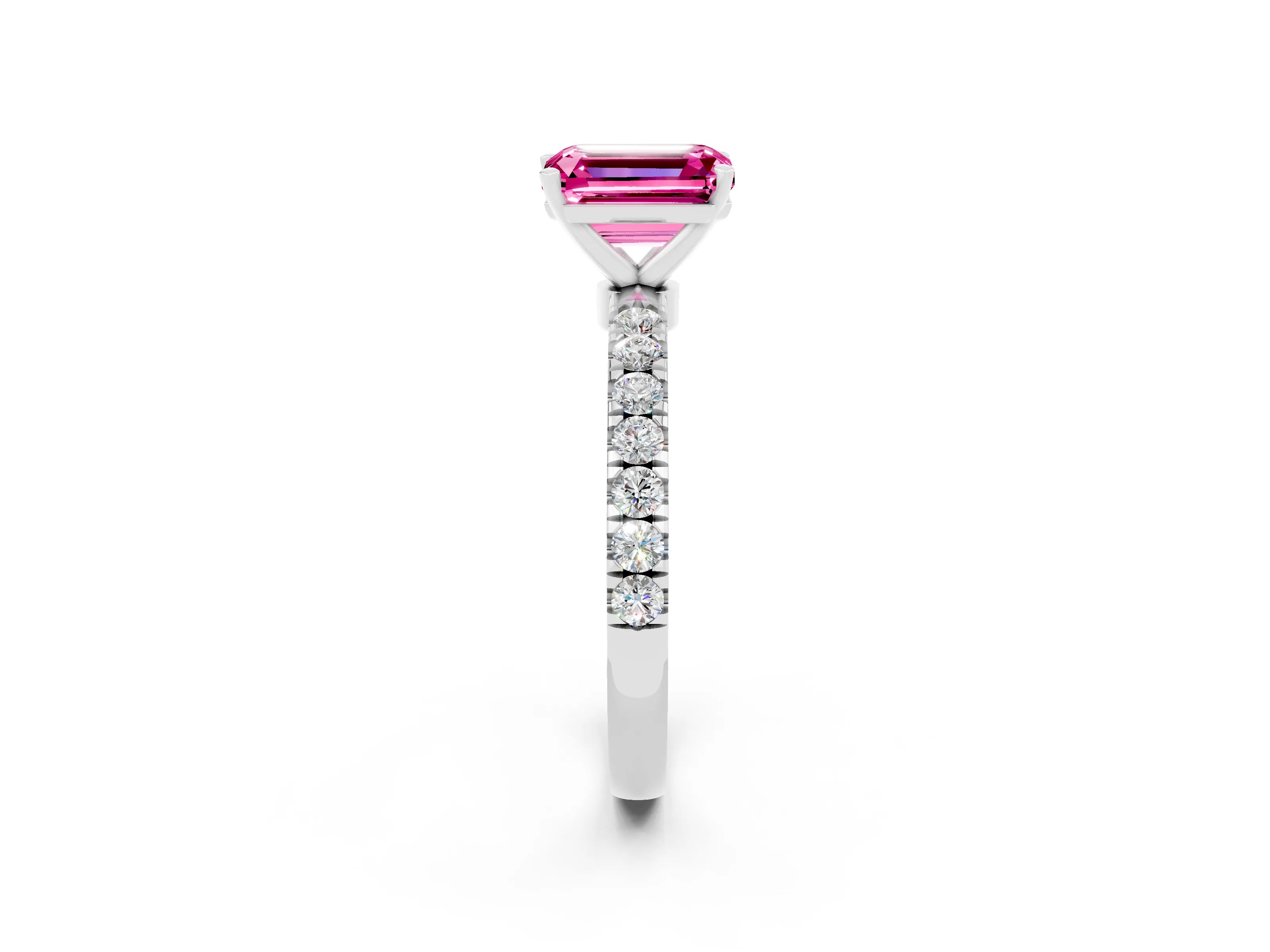 White gold Emerald Cut Pink Sapphire Solitaire Ring with Pavé Accents and Four-Prong Setting_26