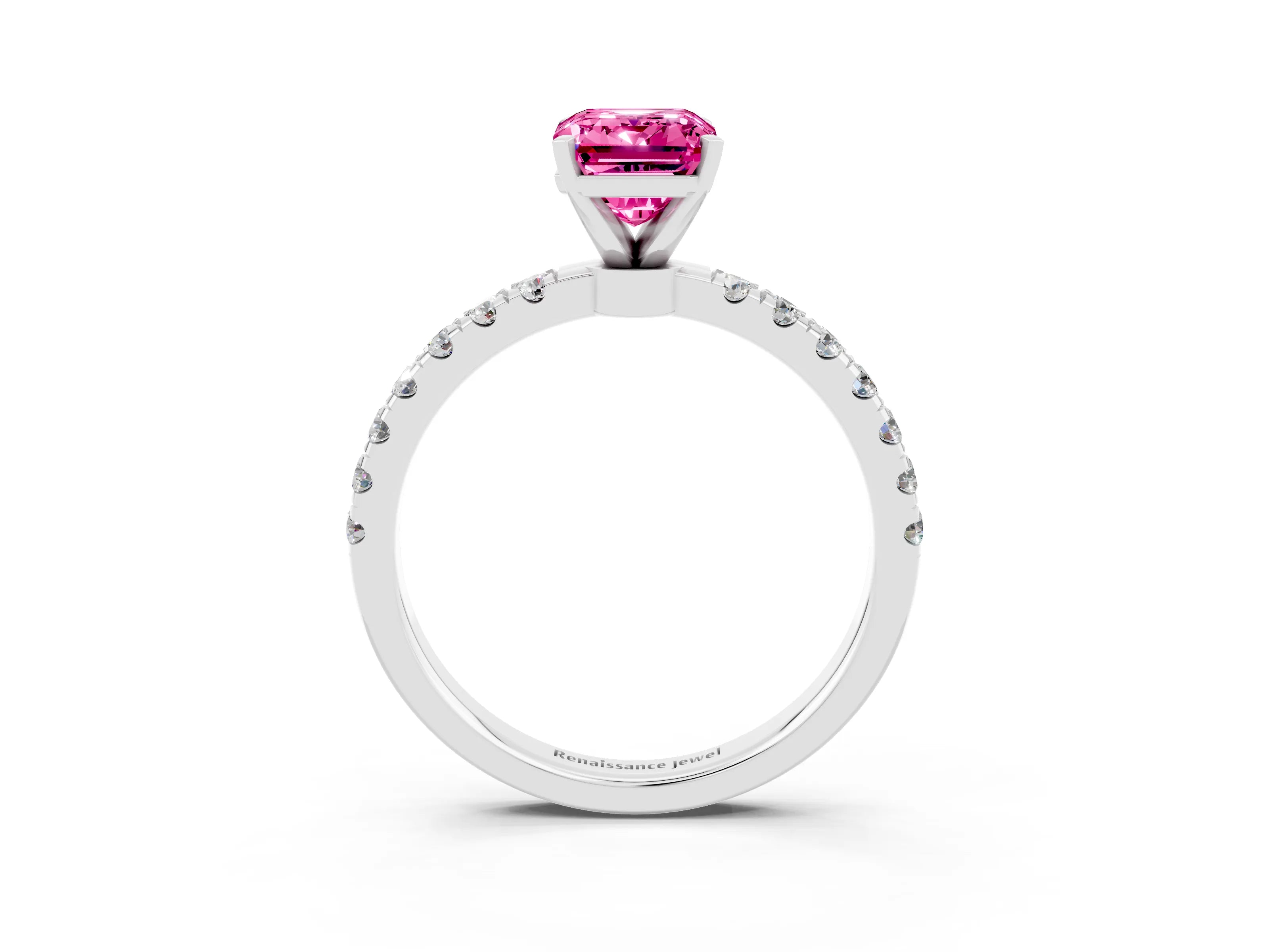 White gold Emerald Cut Pink Sapphire Solitaire Ring with Pavé Accents and Four-Prong Setting_27