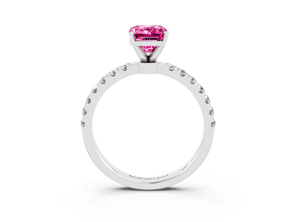 Silver Emerald Cut Pink Sapphire Solitaire Ring with Pavé Accents and Four-Prong Setting