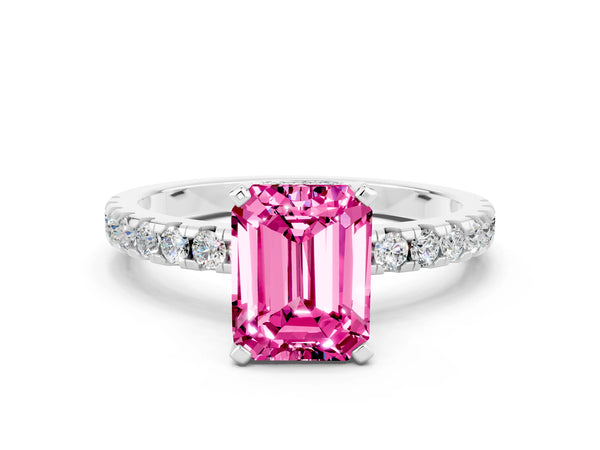 Platinum Emerald Cut Pink Sapphire Solitaire Ring with Round  Pavé Band and Four-Prong Setting