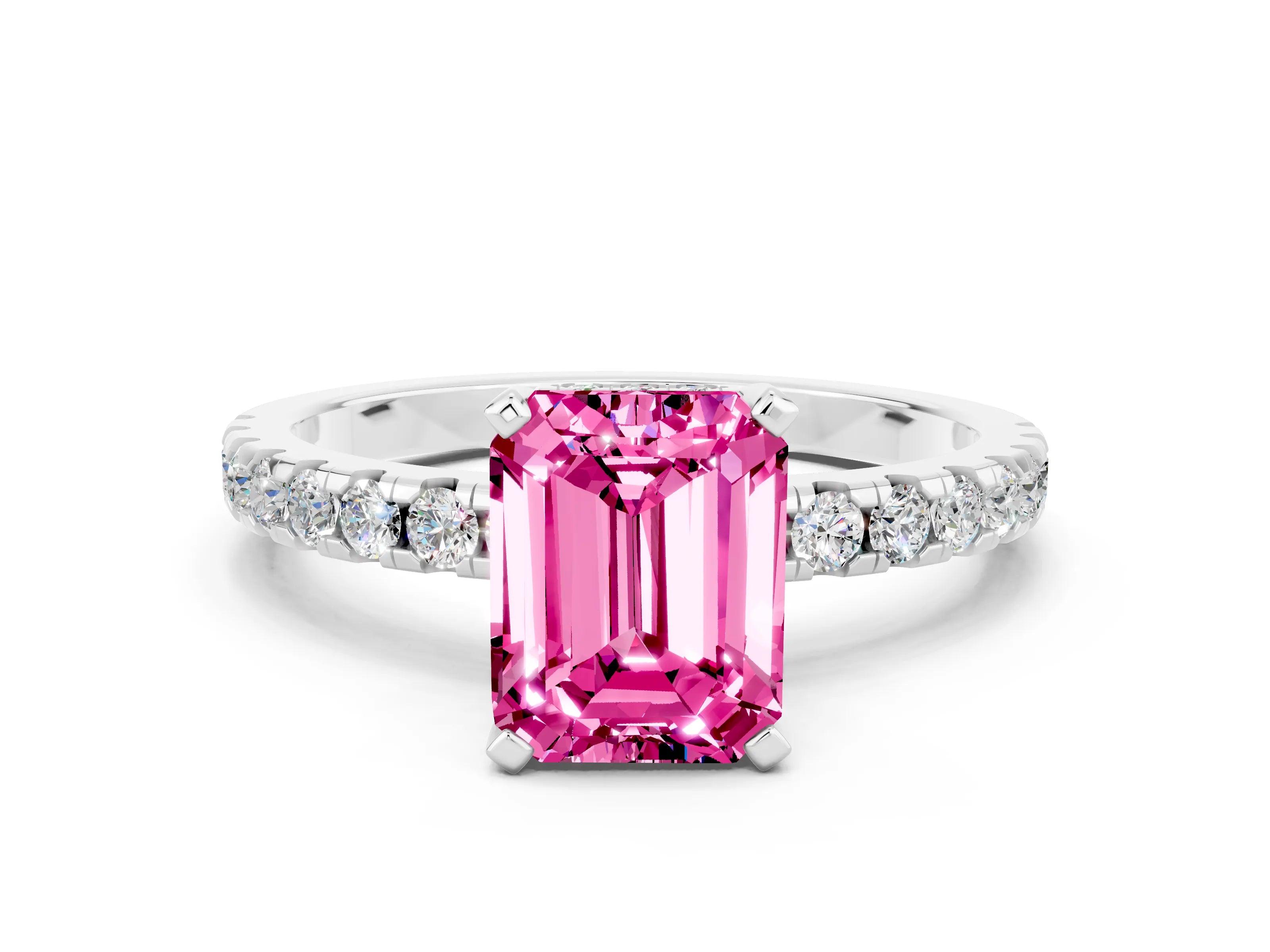 White gold Emerald Cut Pink Sapphire Solitaire Ring with Pavé Band and Four-Prong Setting_60