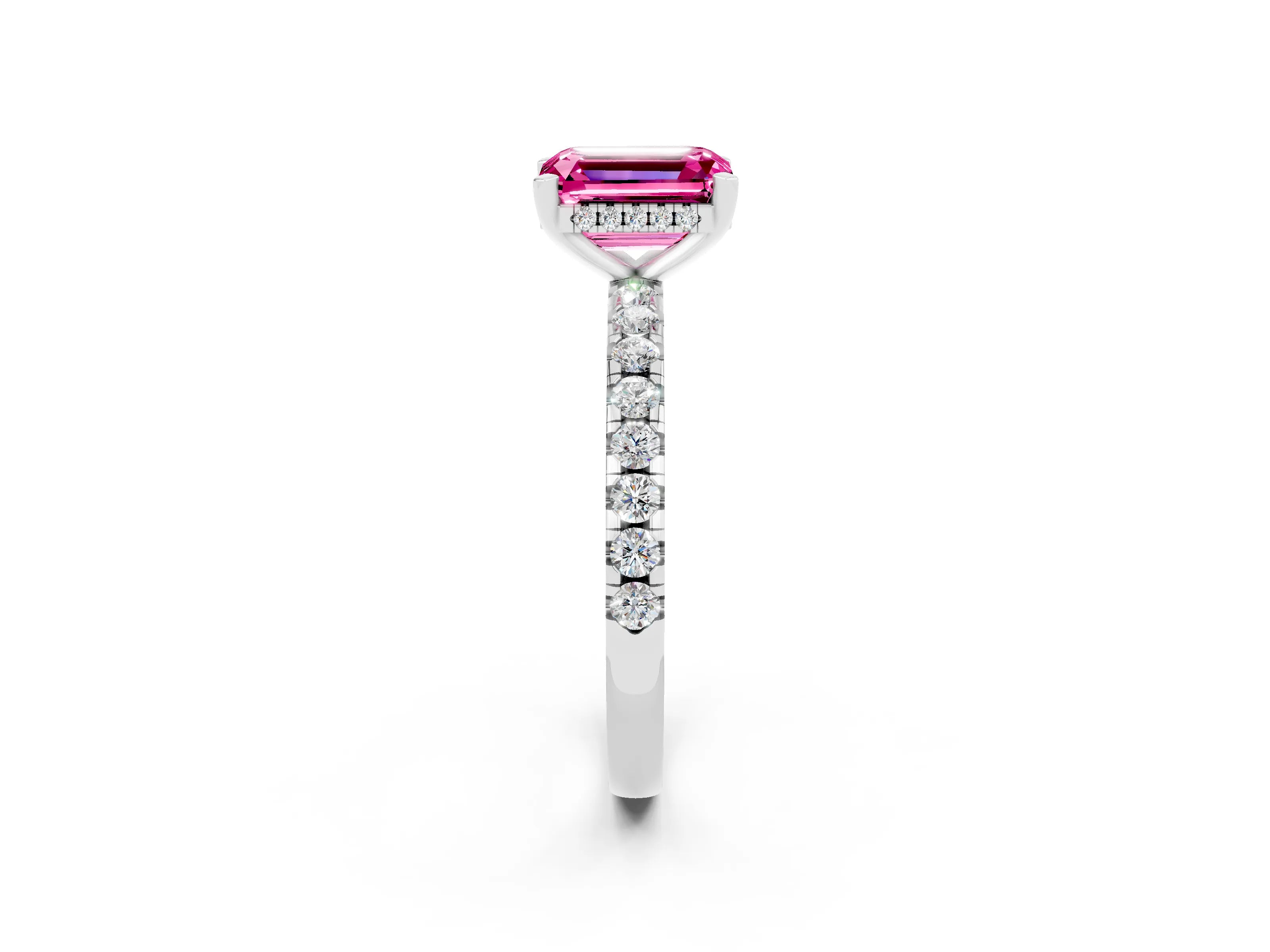 White gold Emerald Cut Pink Sapphire Solitaire Ring with Pavé Band and Four-Prong Setting_62