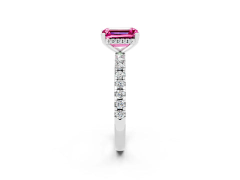 White gold Emerald Cut Pink Sapphire Solitaire Ring with Pavé Band and Four-Prong Setting_62