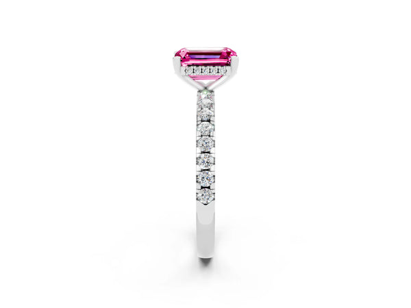White gold Emerald Cut Pink Sapphire Solitaire Ring with Round  Pavé Band and Four-Prong Setting