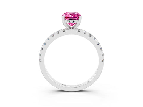 White gold Emerald Cut Pink Sapphire Solitaire Ring with Pavé Band and Four-Prong Setting_63
