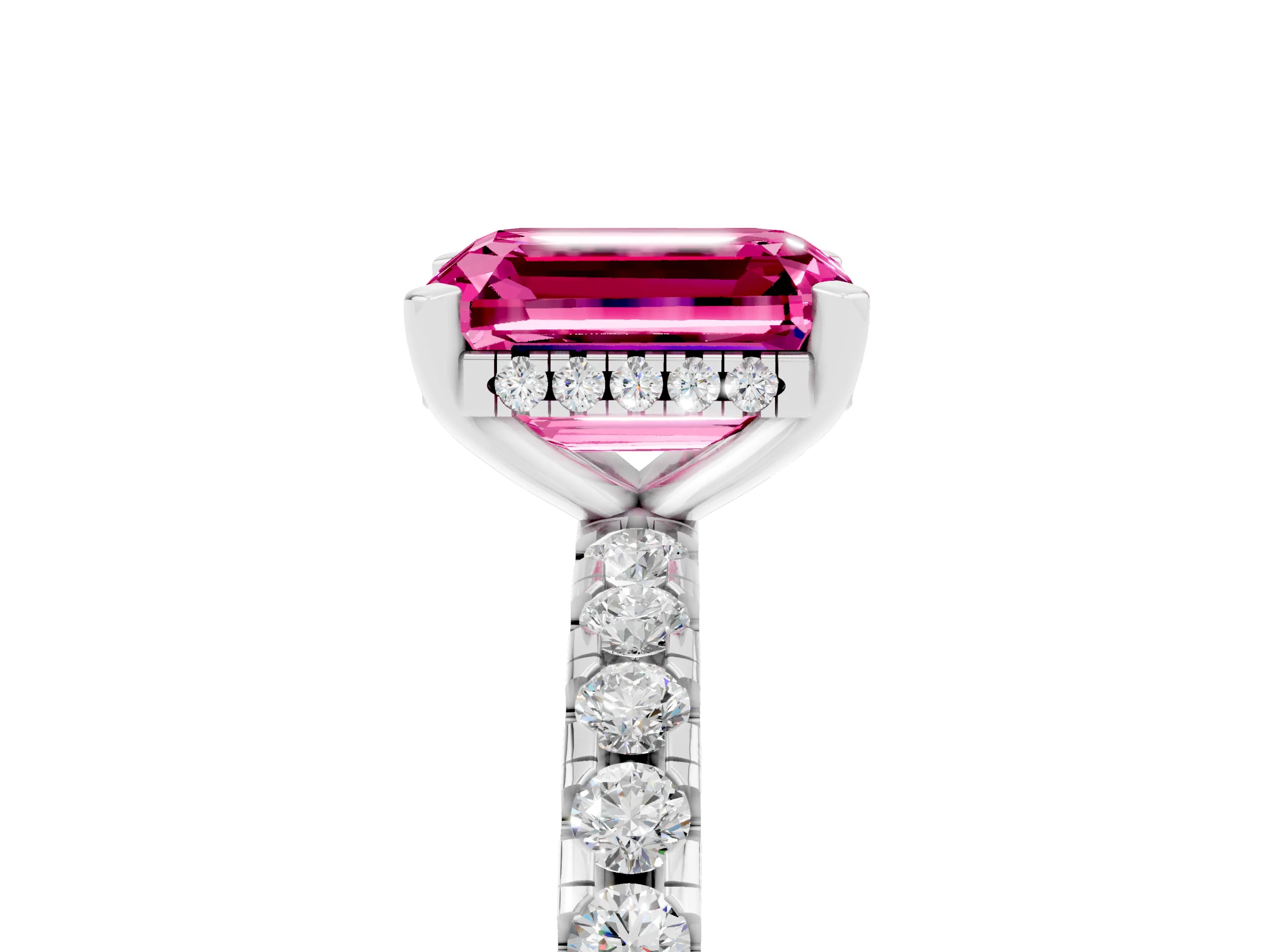 White gold Emerald Cut Pink Sapphire Solitaire Ring with Pavé Band and Four-Prong Setting_65