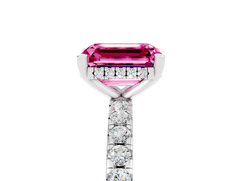 White gold Emerald Cut Pink Sapphire Solitaire Ring with Pavé Band and Four-Prong Setting_65