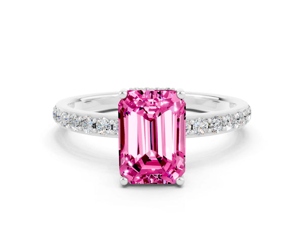 Silver Emerald Cut Pink Sapphire Solitaire Ring with Pavé Band and Hidden Halo