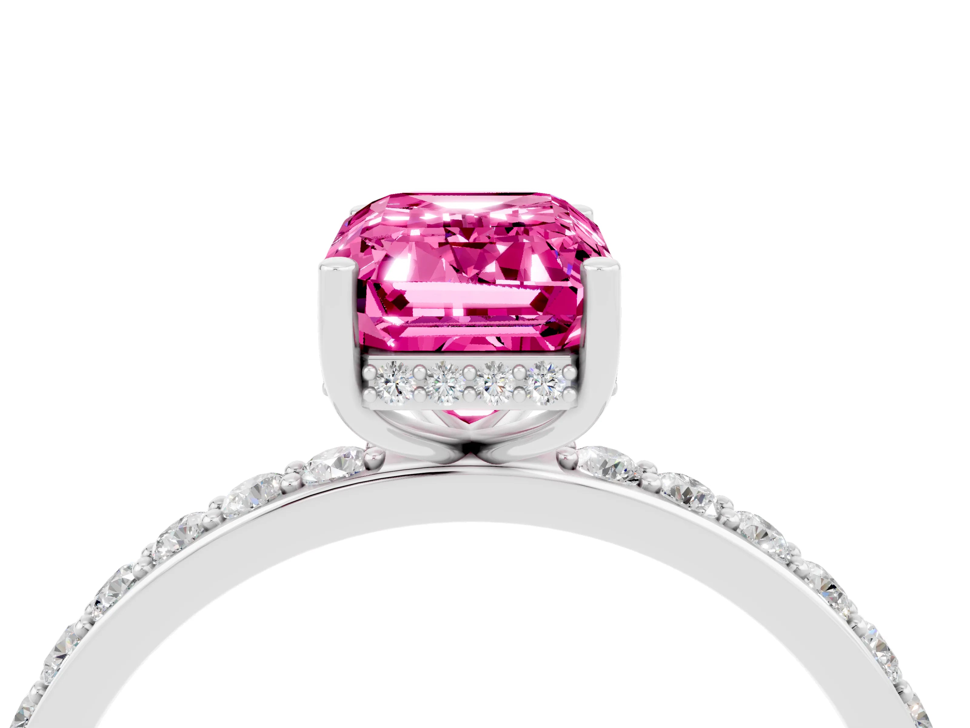 White gold Emerald Cut Pink Sapphire Solitaire Ring with Pavé Band and Hidden Halo_43