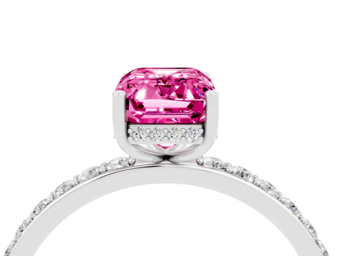 White gold Emerald Cut Pink Sapphire Solitaire Ring with Pavé Band and Hidden Halo_43