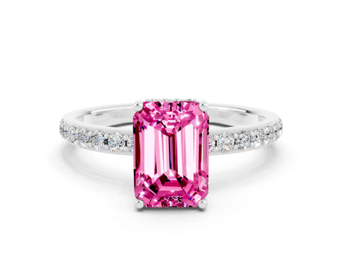 White gold Emerald Cut Pink Sapphire Solitaire Ring with Pavé Band and Hidden Halo_47