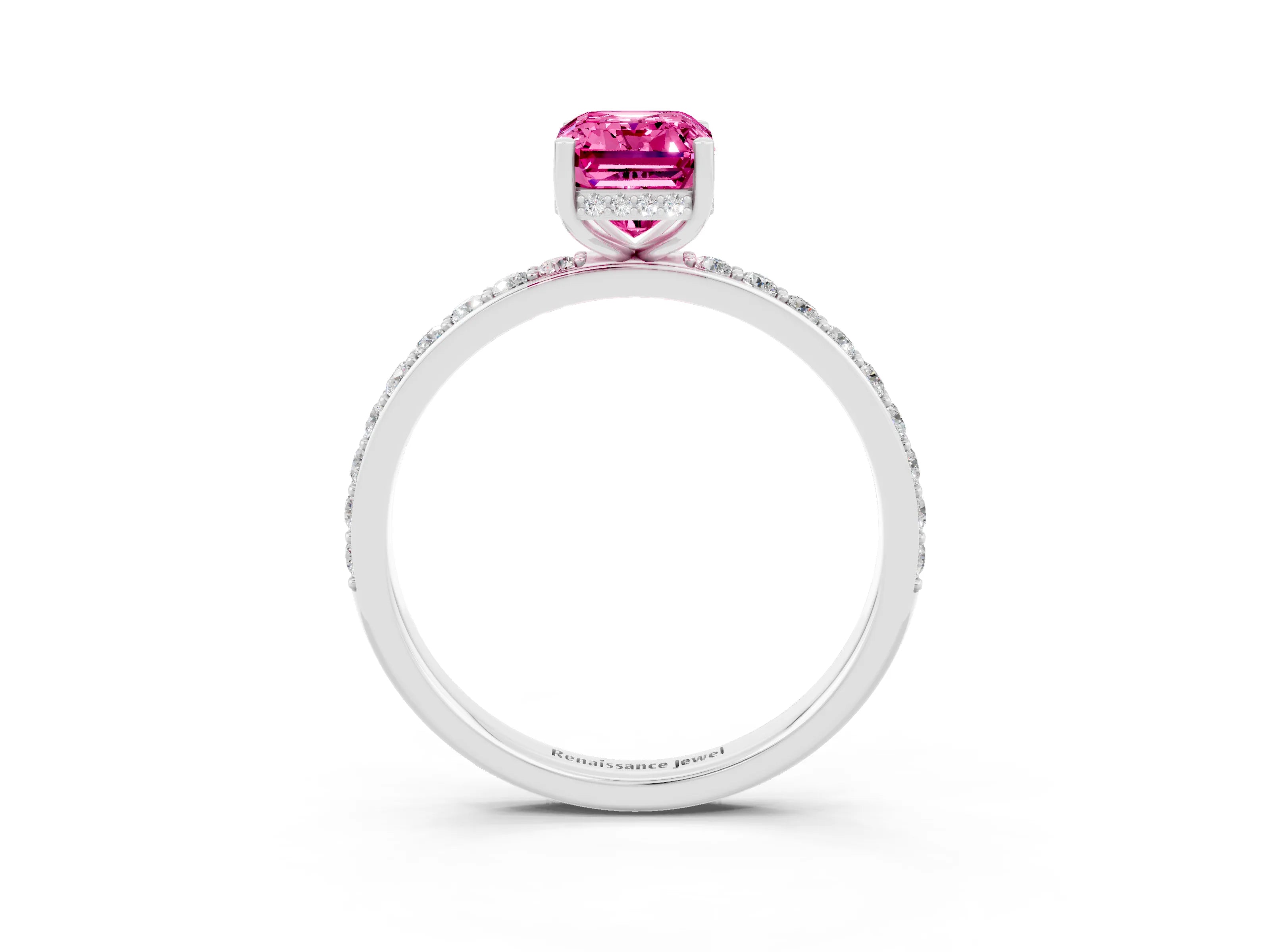 White gold Emerald Cut Pink Sapphire Solitaire Ring with Pavé Band and Hidden Halo_50
