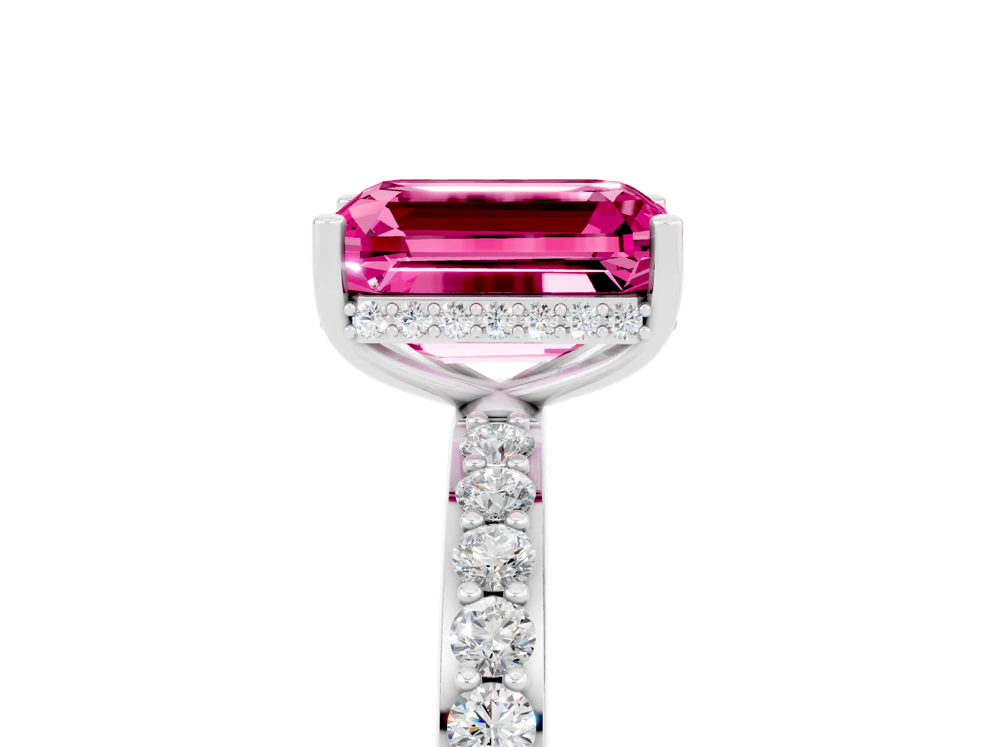 White gold Emerald Cut Pink Sapphire Solitaire Ring with Pavé Band and Hidden Halo_52