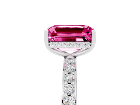 White gold Emerald Cut Pink Sapphire Solitaire Ring with Pavé Band and Hidden Halo_52