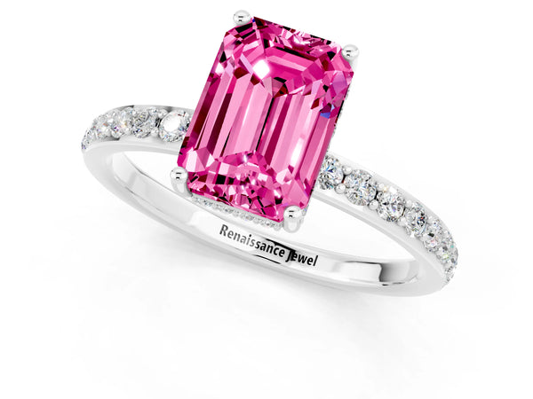 White gold Emerald Cut Pink Sapphire Solitaire Ring with Pavé Band and Hidden Halo