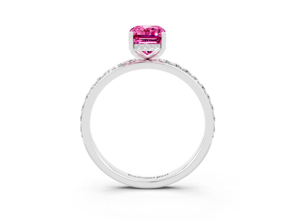 White gold Emerald Cut Pink Sapphire Solitaire Ring with Pavé Band and Hidden Halo
