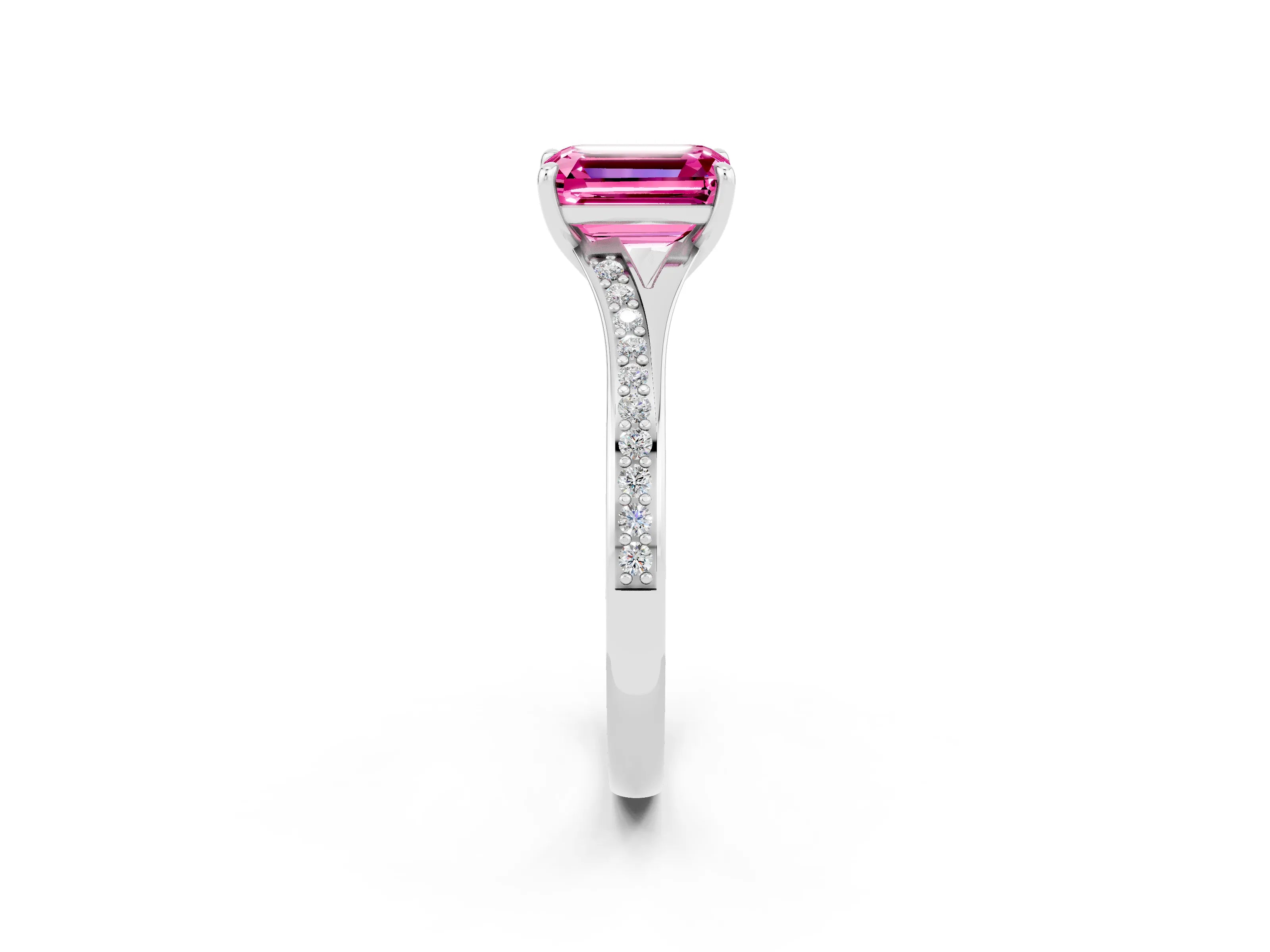 White gold Emerald Cut Pink Sapphire Solitaire Ring with Pavé Band and Prong Setting_26