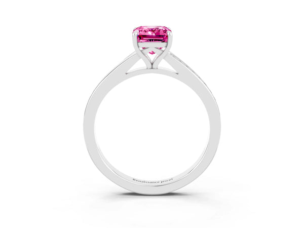 Silver Emerald Cut Pink Sapphire Solitaire Ring with Pavé Band and Prong Setting
