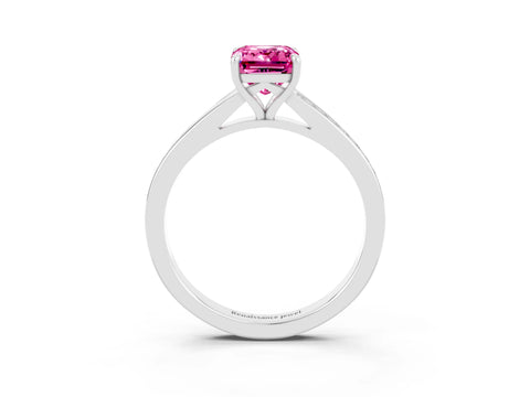White gold Emerald Cut Pink Sapphire Solitaire Ring with Pavé Band and Prong Setting_3