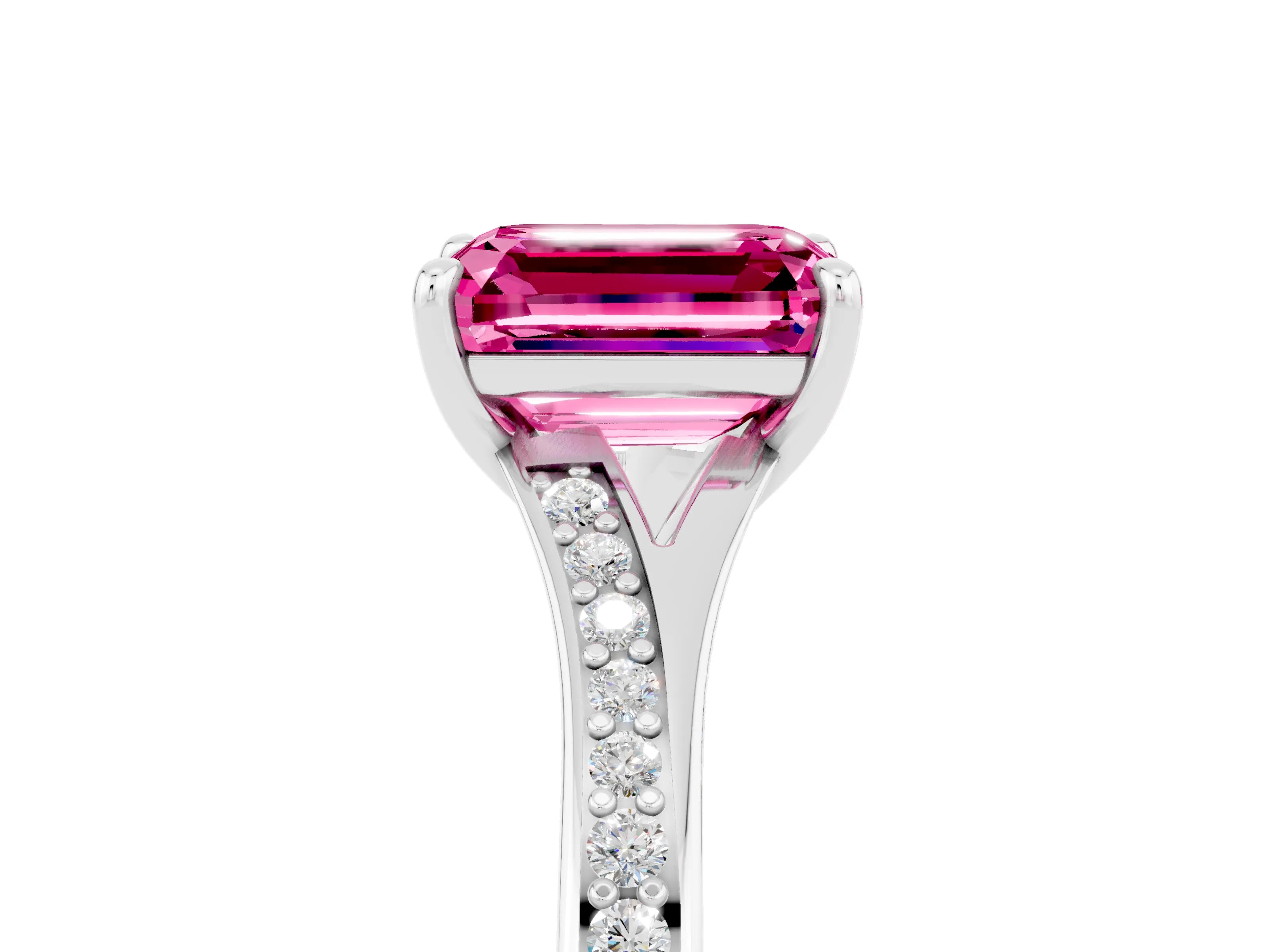 White gold Emerald Cut Pink Sapphire Solitaire Ring with Pavé Band and Prong Setting_5