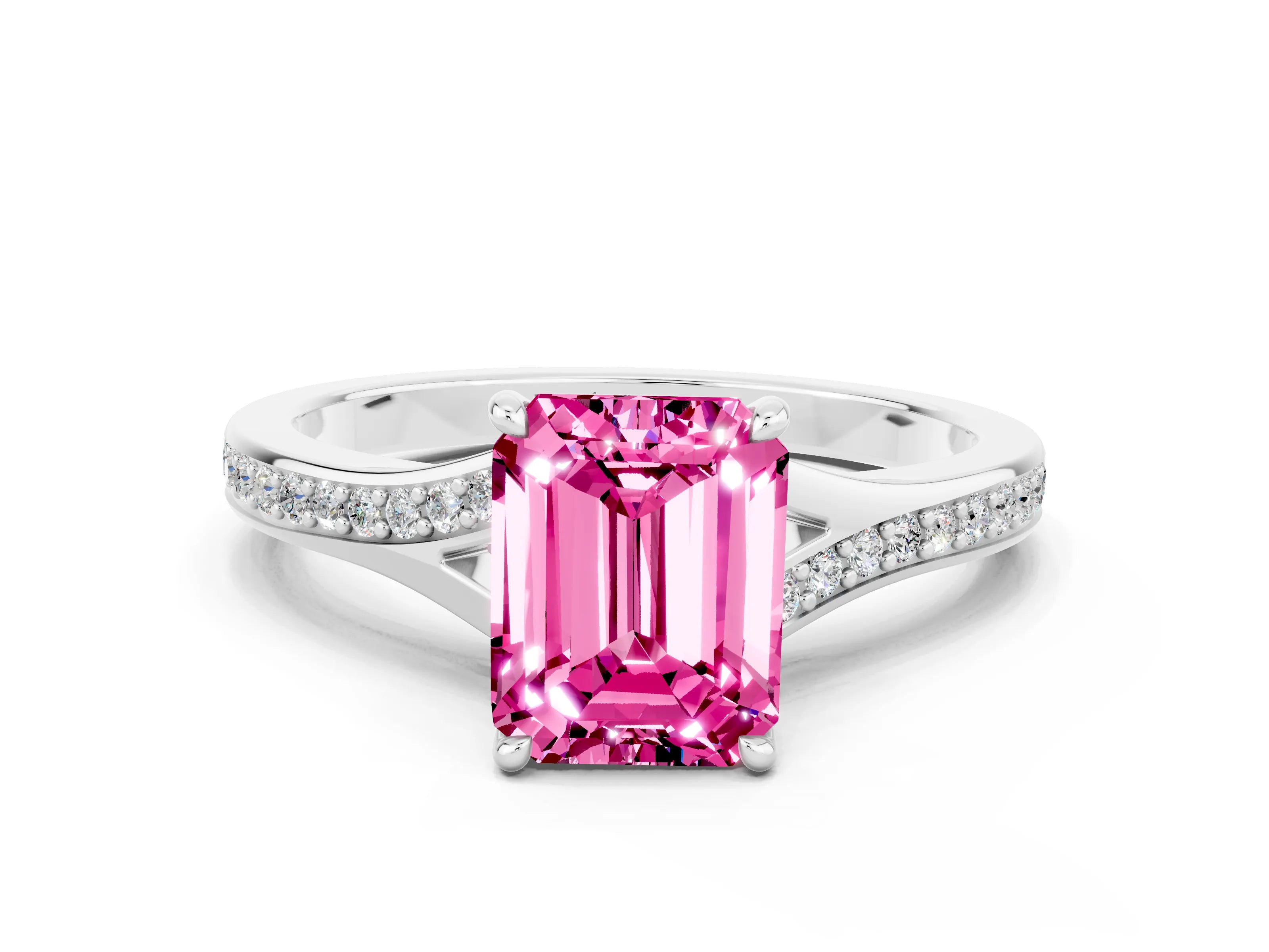 White gold Emerald Cut Pink Sapphire Solitaire Ring with Pavé Band and Prong Setting