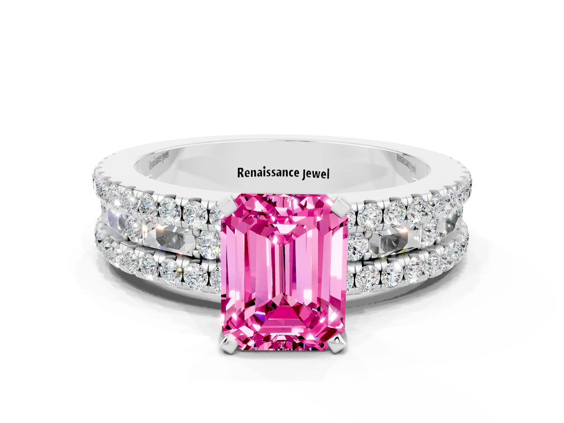 White gold Emerald Cut Pink Sapphire Solitaire Ring with Pavé and Channel Set Band_48
